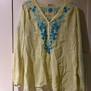 Johnny Was Yellow Blouse with Blue Embroidery